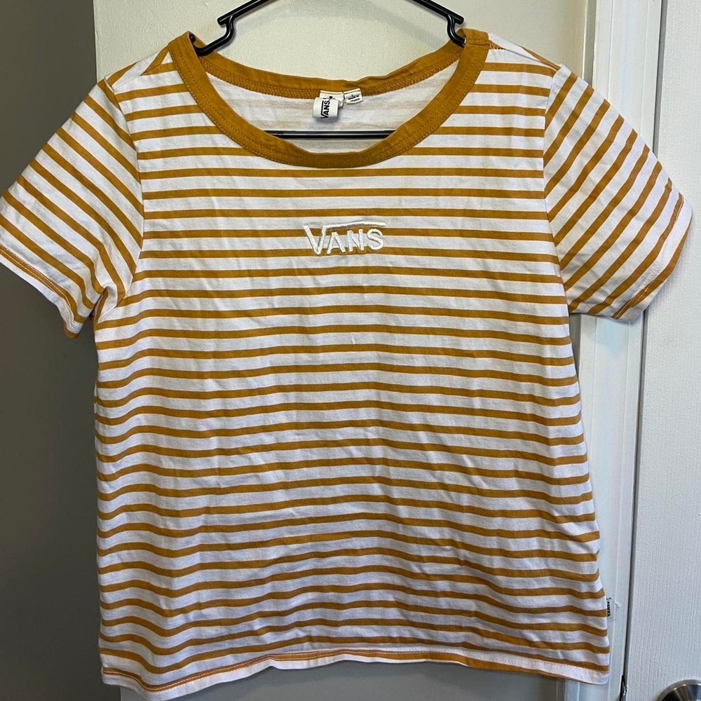 Vans Womens Mustard Yellow White Striped Embroidered Logo Ringer T-Shirt Large